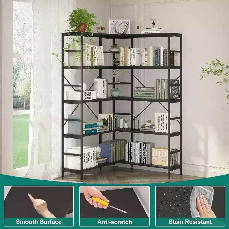 Étagère d'angle à 5 niveaux, bibliothèque industrielle en bois en forme de L, grande étagère de rangement avec cadre en métal, pour bureau, salon, cuisine