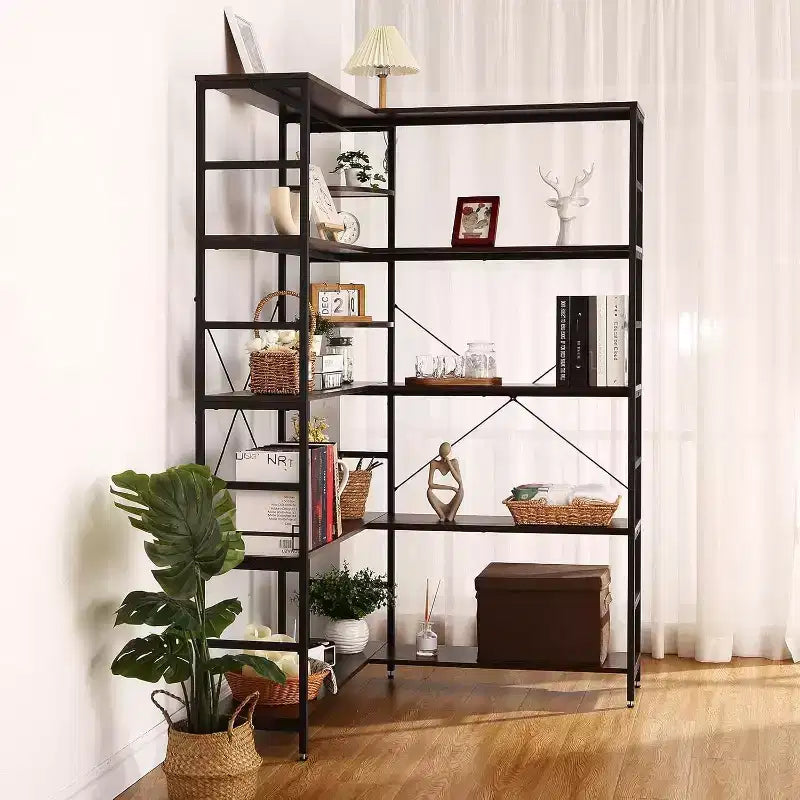Étagère d'angle à 5 niveaux, bibliothèque industrielle en bois en forme de L, grande étagère de rangement avec cadre en métal, pour bureau, salon, cuisine