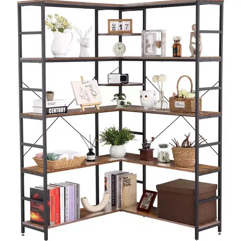 Étagère d'angle à 5 niveaux, bibliothèque industrielle en bois en forme de L, grande étagère de rangement avec cadre en métal, pour bureau, salon, cuisine