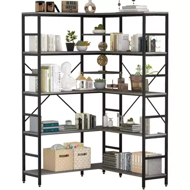 Étagère d'angle à 5 niveaux, bibliothèque industrielle en bois en forme de L, grande étagère de rangement avec cadre en métal, pour bureau, salon, cuisine