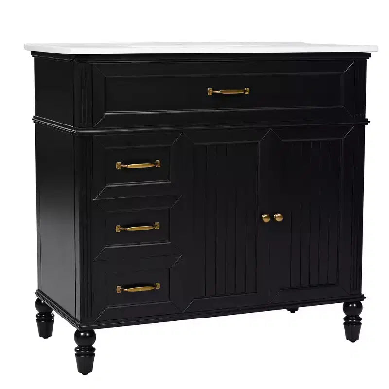 Meuble-lavabo de salle de bain noir de 91 cm avec rangement, meuble de salle de bain en bois avec tiroirs pour petit espace
