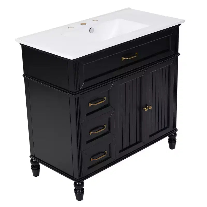 Meuble-lavabo de salle de bain noir de 91 cm avec rangement, meuble de salle de bain en bois avec tiroirs pour petit espace