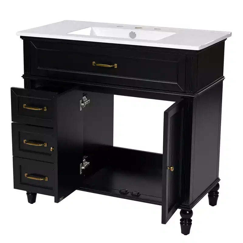 Meuble-lavabo de salle de bain noir de 91 cm avec rangement, meuble de salle de bain en bois avec tiroirs pour petit espace