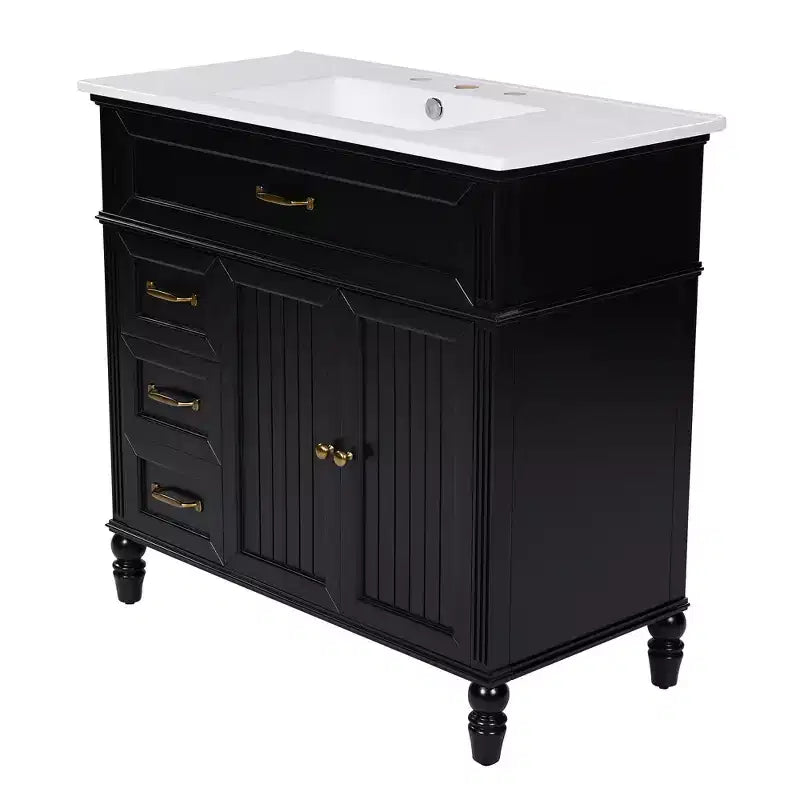 Meuble-lavabo de salle de bain noir de 91 cm avec rangement, meuble de salle de bain en bois avec tiroirs pour petit espace