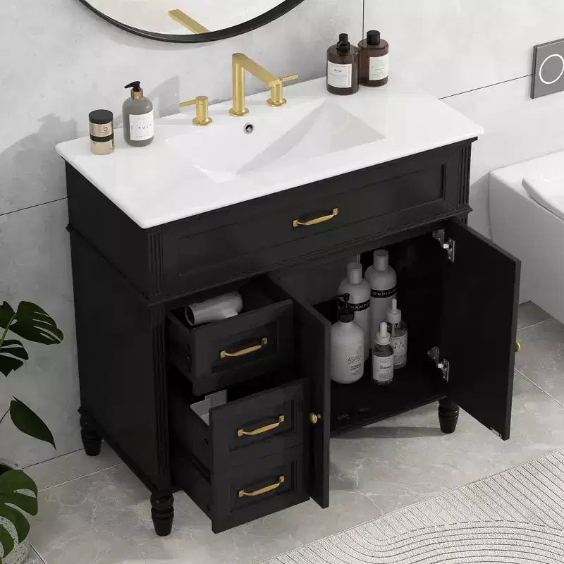 Meuble-lavabo de salle de bain noir de 91 cm avec rangement, meuble de salle de bain en bois avec tiroirs pour petit espace