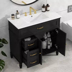 Meuble-lavabo de salle de bain noir de 91 cm avec rangement, meuble de salle de bain en bois avec tiroirs pour petit espace