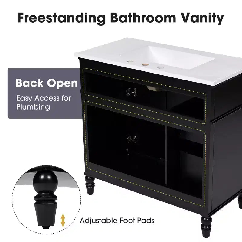 Meuble-lavabo de salle de bain noir de 91 cm avec rangement, meuble de salle de bain en bois avec tiroirs pour petit espace