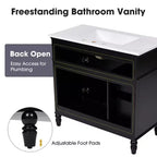 Meuble-lavabo de salle de bain noir de 91 cm avec rangement, meuble de salle de bain en bois avec tiroirs pour petit espace