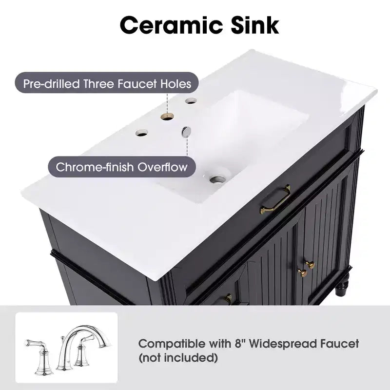 Meuble-lavabo de salle de bain noir de 91 cm avec rangement, meuble de salle de bain en bois avec tiroirs pour petit espace