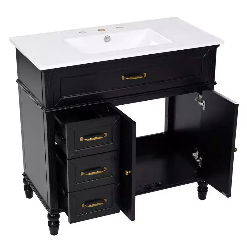 Meuble-lavabo de salle de bain noir de 91 cm avec rangement, meuble de salle de bain en bois avec tiroirs pour petit espace