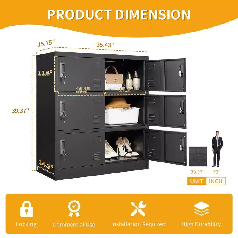 VIYET 35.43 Armoire de rangement métallique 6 portes avec serrure et porte-étiquette, casier autonome noir pour bureau/gym/école/maison