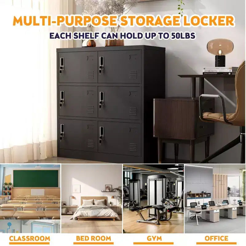 VIYET 35.43 Armoire de rangement métallique 6 portes avec serrure et porte-étiquette, casier autonome noir pour bureau/gym/école/maison