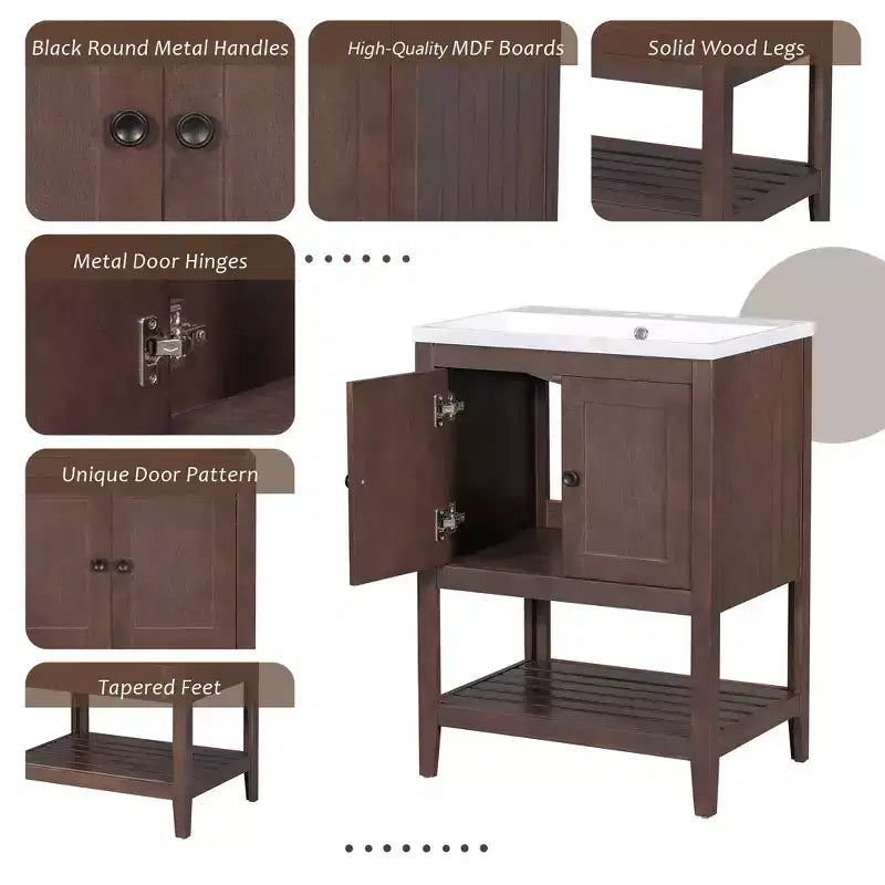 Meuble de salle de bain 24 po avec lavabo et rangement, meuble de salle de bain en bois avec étagère ouverte