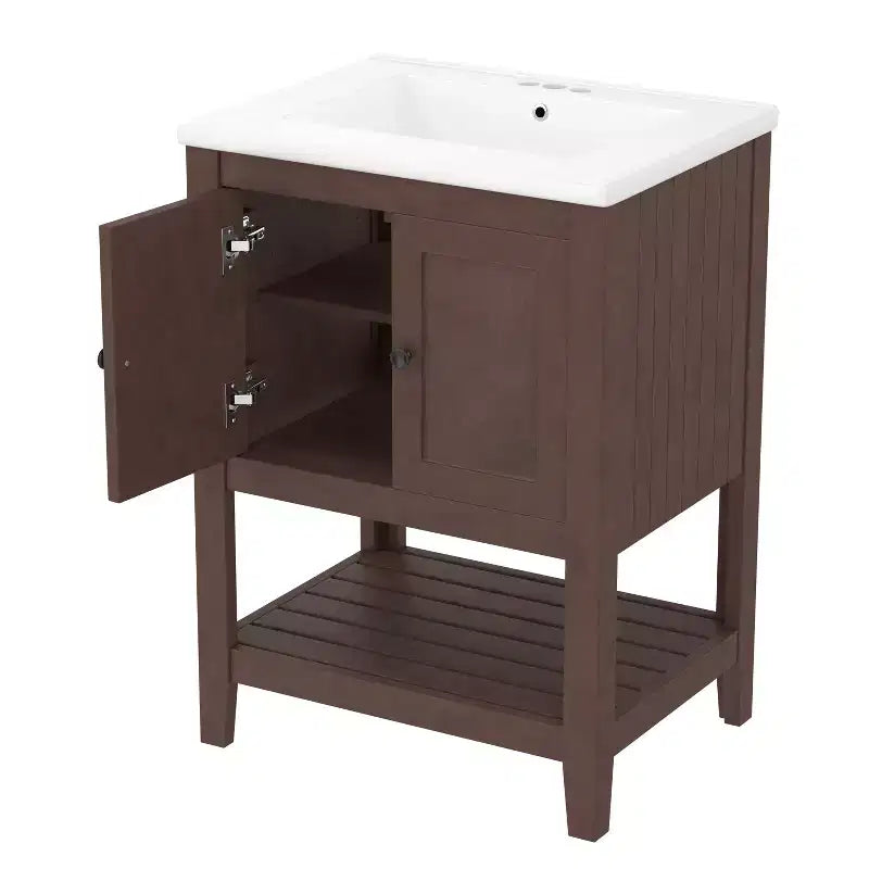 Meuble de salle de bain 24 po avec lavabo et rangement, meuble de salle de bain en bois avec étagère ouverte