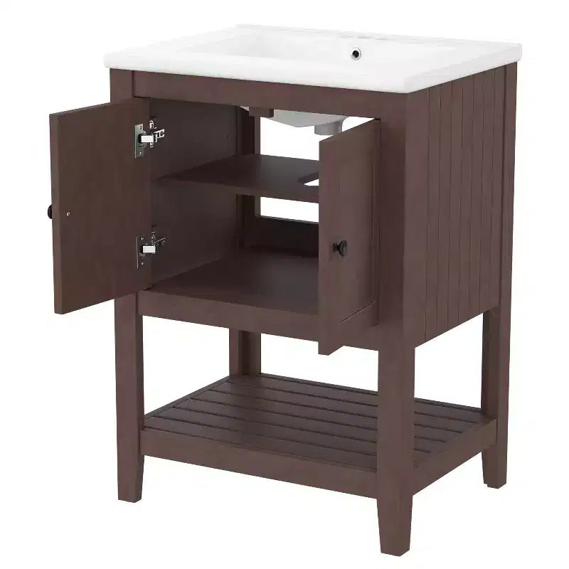 Meuble de salle de bain 24 po avec lavabo et rangement, meuble de salle de bain en bois avec étagère ouverte
