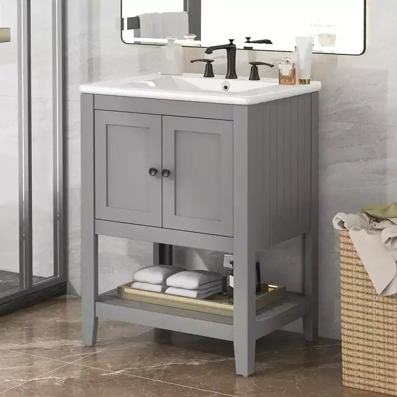 Meuble de salle de bain 24 po avec lavabo et rangement, meuble de salle de bain en bois avec étagère ouverte
