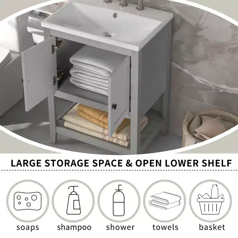 Meuble de salle de bain 24 po avec lavabo et rangement, meuble de salle de bain en bois avec étagère ouverte