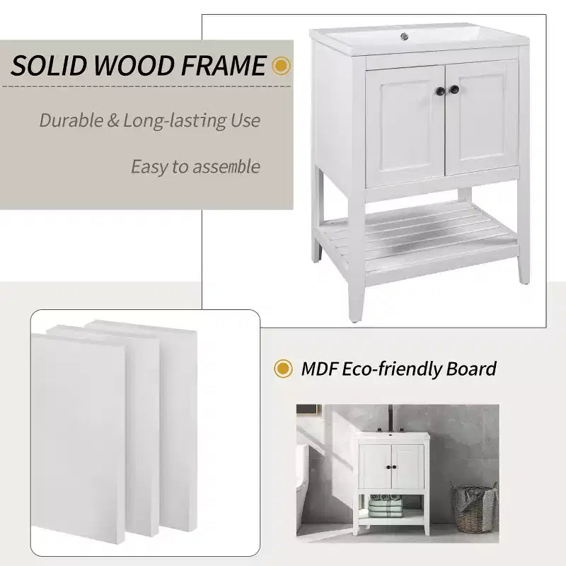 Meuble de salle de bain 24 po avec lavabo et rangement, meuble de salle de bain en bois avec étagère ouverte
