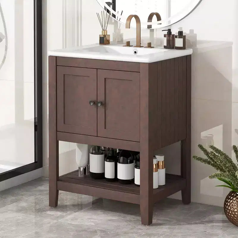 Meuble de salle de bain 24 po avec lavabo et rangement, meuble de salle de bain en bois avec étagère ouverte