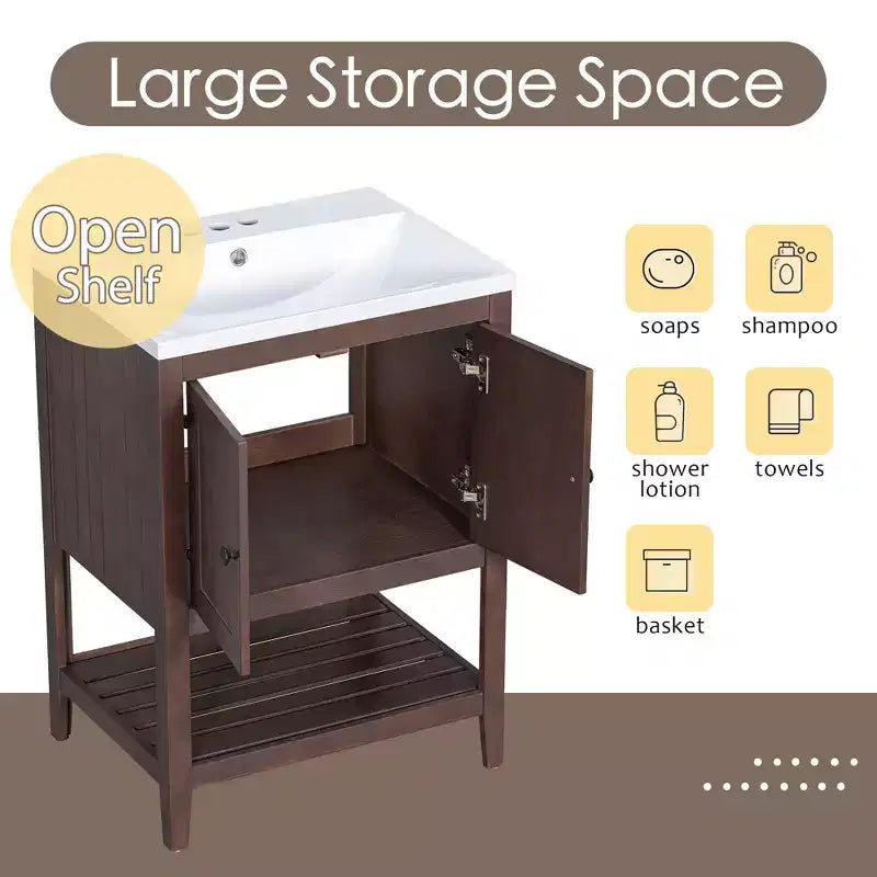 Meuble de salle de bain 24 po avec lavabo et rangement, meuble de salle de bain en bois avec étagère ouverte