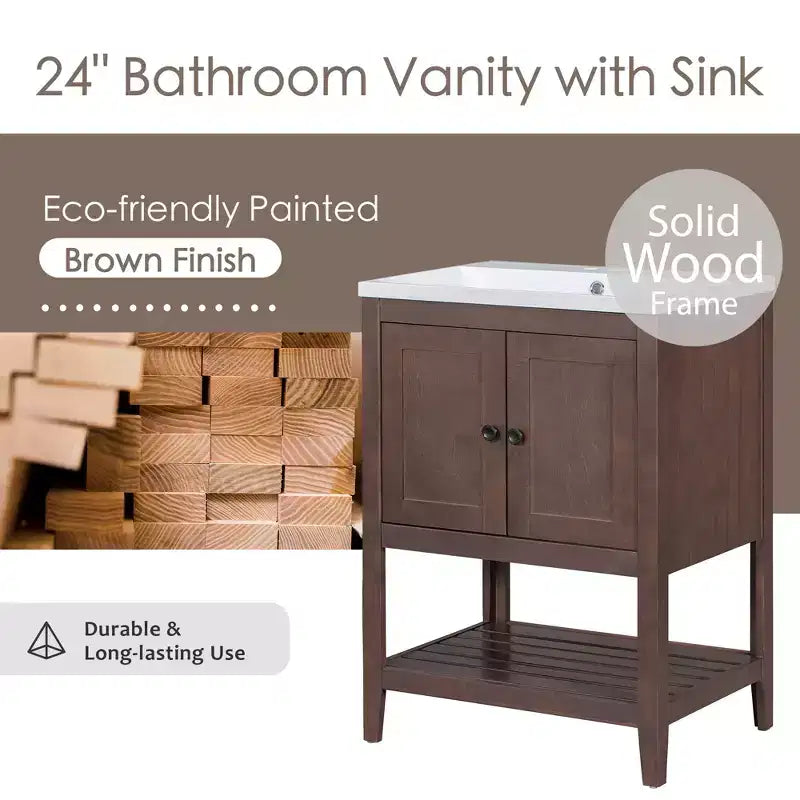 Meuble de salle de bain 24 po avec lavabo et rangement, meuble de salle de bain en bois avec étagère ouverte