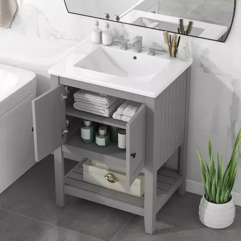 Meuble de salle de bain 24 po avec lavabo et rangement, meuble de salle de bain en bois avec étagère ouverte