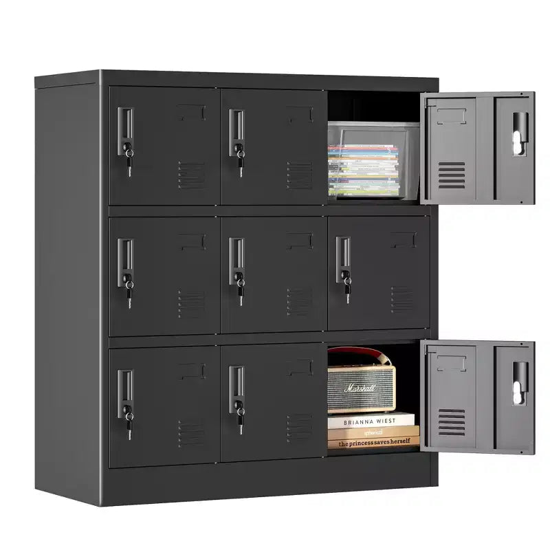 VIYET 35.4 Armoire de rangement métallique à 9 portes avec serrure et fente pour carte – Casier autoportant en acier pour bureau, salle de sport, école et maison, noir