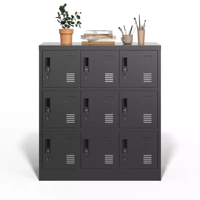 VIYET 35.4 Armoire de rangement métallique à 9 portes avec serrure et fente pour carte – Casier autoportant en acier pour bureau, salle de sport, école et maison, noir