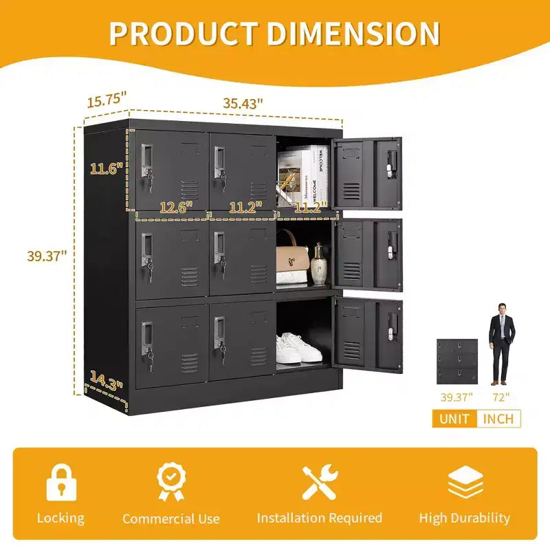 VIYET 35.4 Armoire de rangement métallique à 9 portes avec serrure et fente pour carte – Casier autoportant en acier pour bureau, salle de sport, école et maison, noir