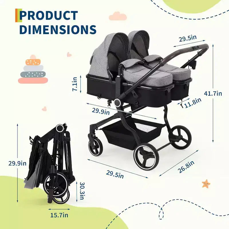 Poussette Double Côte à Côte pour Jumeaux, Poussette Jumeaux Compacte et Pliable S600D Légère avec Capote et Panier de Rangement