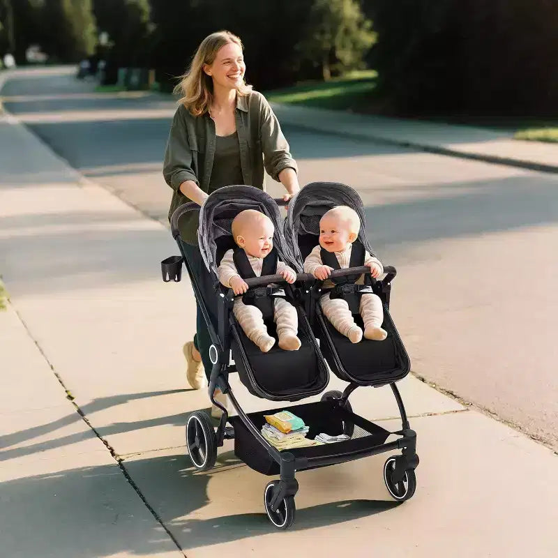 Poussette Double Côte à Côte pour Jumeaux, Poussette Jumeaux Compacte et Pliable S600D Légère avec Capote et Panier de Rangement