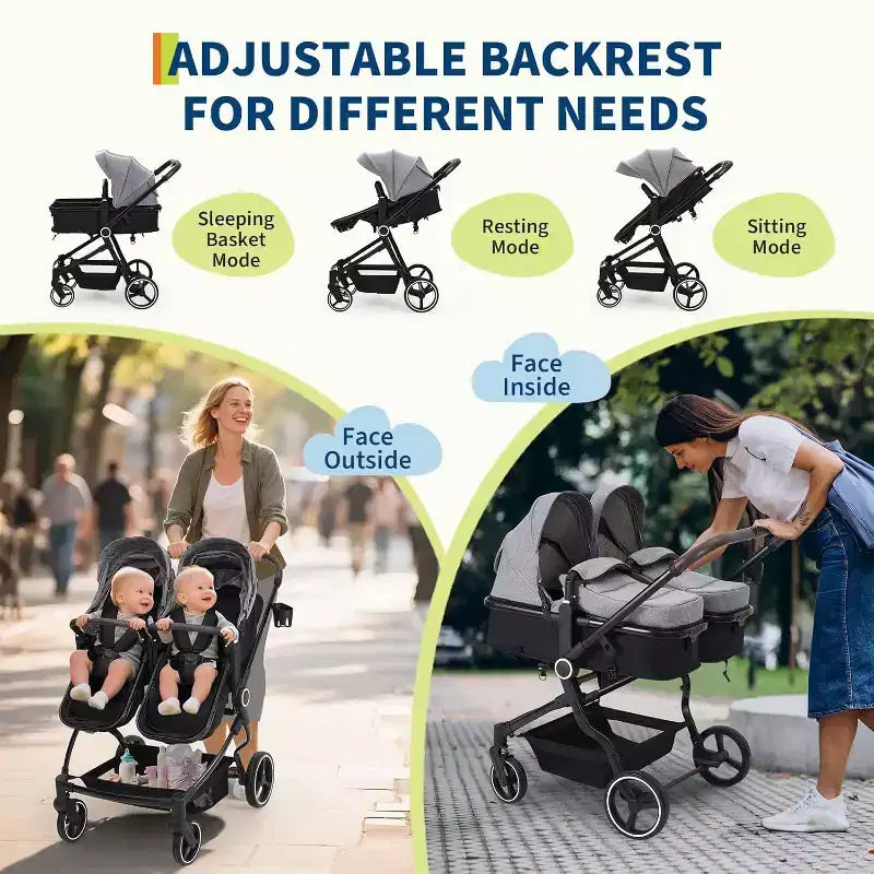 Poussette Double Côte à Côte pour Jumeaux, Poussette Jumeaux Compacte et Pliable S600D Légère avec Capote et Panier de Rangement