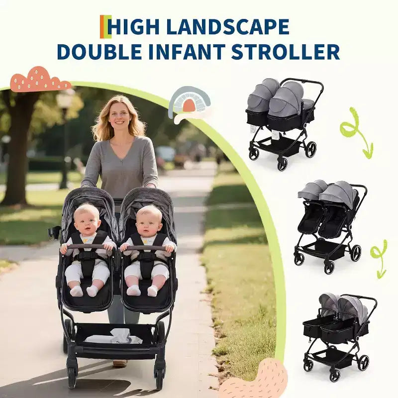 Poussette Double Côte à Côte pour Jumeaux, Poussette Jumeaux Compacte et Pliable S600D Légère avec Capote et Panier de Rangement