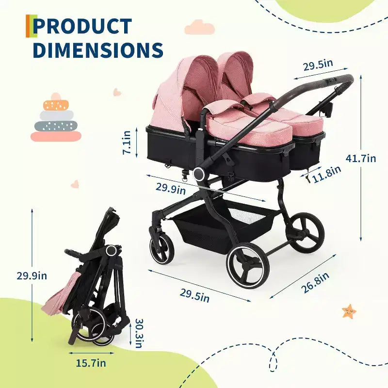 Poussette Double Côte à Côte pour Jumeaux, Poussette Jumeaux Compacte et Pliable S600D Légère avec Capote et Panier de Rangement