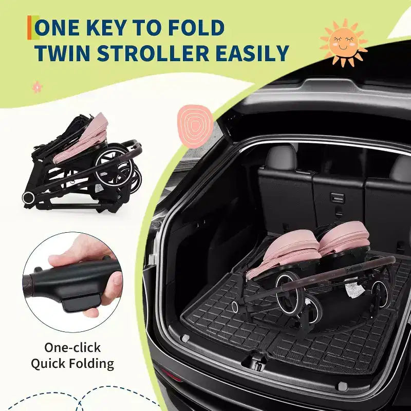 Poussette Double Côte à Côte pour Jumeaux, Poussette Jumeaux Compacte et Pliable S600D Légère avec Capote et Panier de Rangement