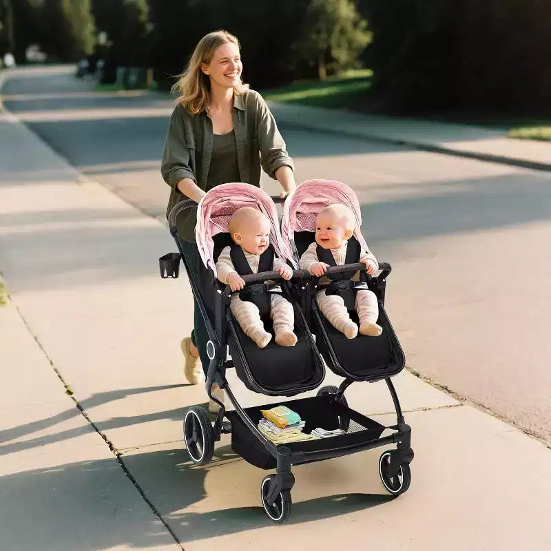Poussette Double Côte à Côte pour Jumeaux, Poussette Jumeaux Compacte et Pliable S600D Légère avec Capote et Panier de Rangement