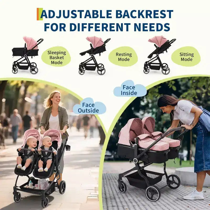 Poussette Double Côte à Côte pour Jumeaux, Poussette Jumeaux Compacte et Pliable S600D Légère avec Capote et Panier de Rangement