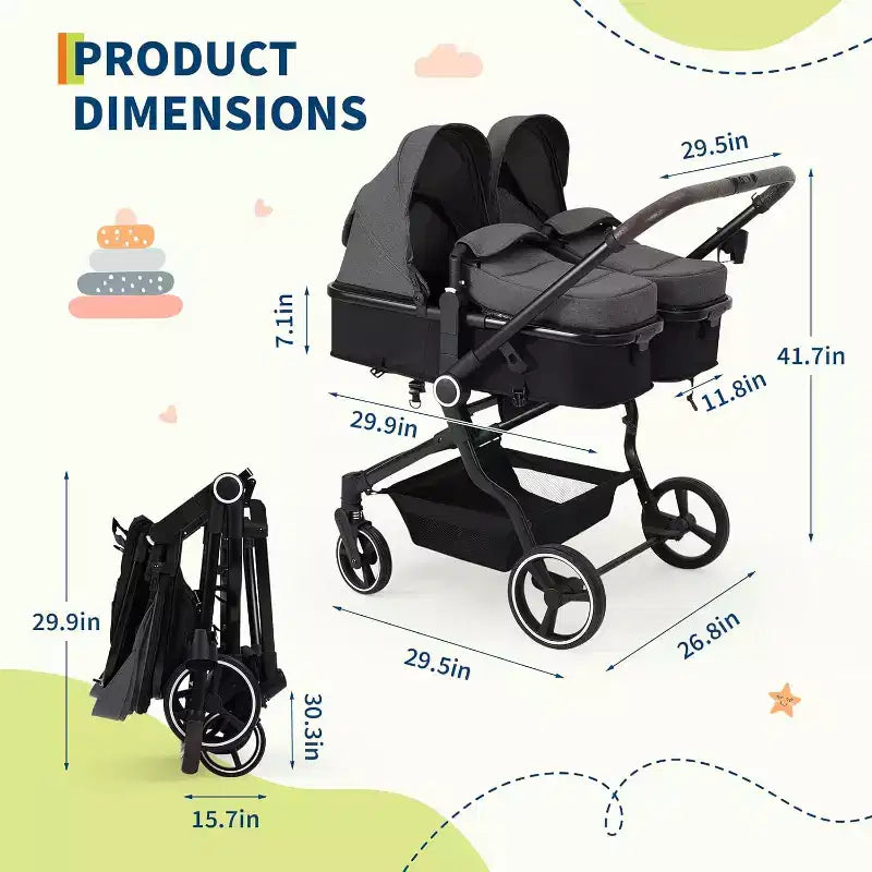 Poussette Double Côte à Côte pour Jumeaux, Poussette Jumeaux Compacte et Pliable S600D Légère avec Capote et Panier de Rangement