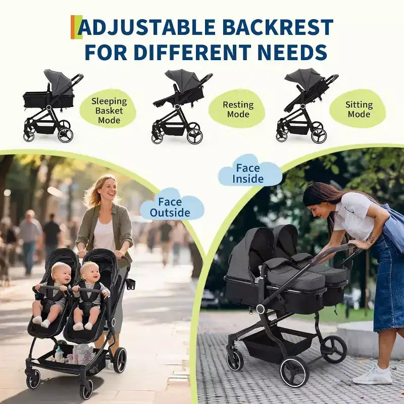 Poussette Double Côte à Côte pour Jumeaux, Poussette Jumeaux Compacte et Pliable S600D Légère avec Capote et Panier de Rangement