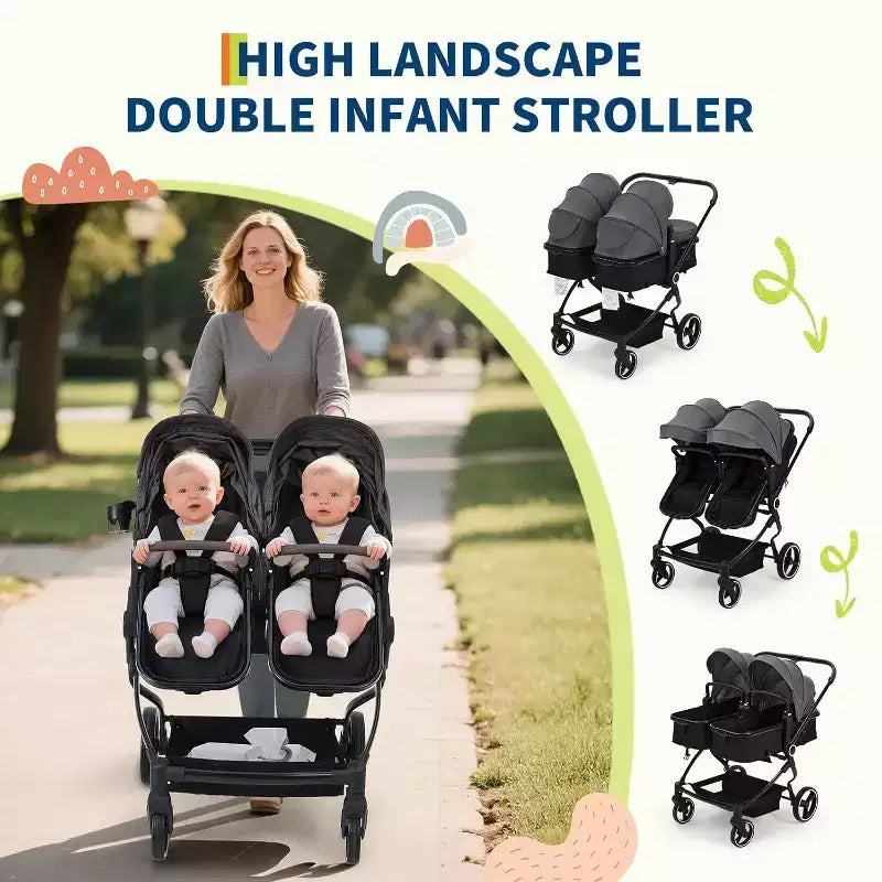Poussette Double Côte à Côte pour Jumeaux, Poussette Jumeaux Compacte et Pliable S600D Légère avec Capote et Panier de Rangement