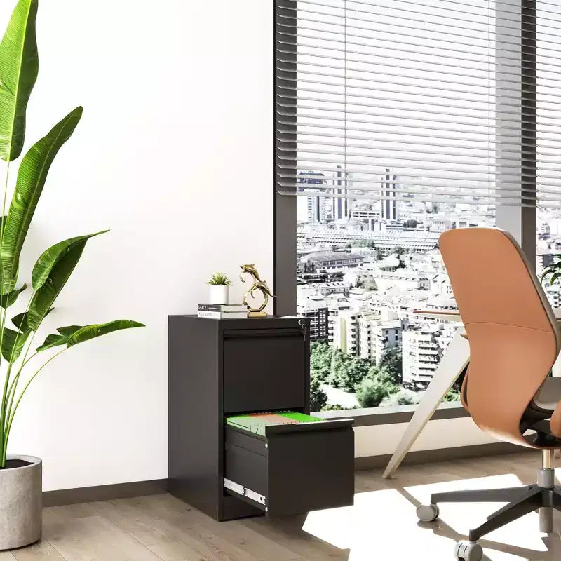VIYET 28H Classeur vertical métallique 2 tiroirs avec serrure, armoire de classement en acier noir pour bureau à domicile, convient aux formats A4/Legal/Lettre
