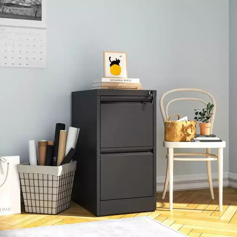 VIYET 28H Classeur vertical métallique 2 tiroirs avec serrure, armoire de classement en acier noir pour bureau à domicile, convient aux formats A4/Legal/Lettre