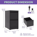 VIYET 28H Classeur vertical métallique 2 tiroirs avec serrure, armoire de classement en acier noir pour bureau à domicile, convient aux formats A4/Legal/Lettre