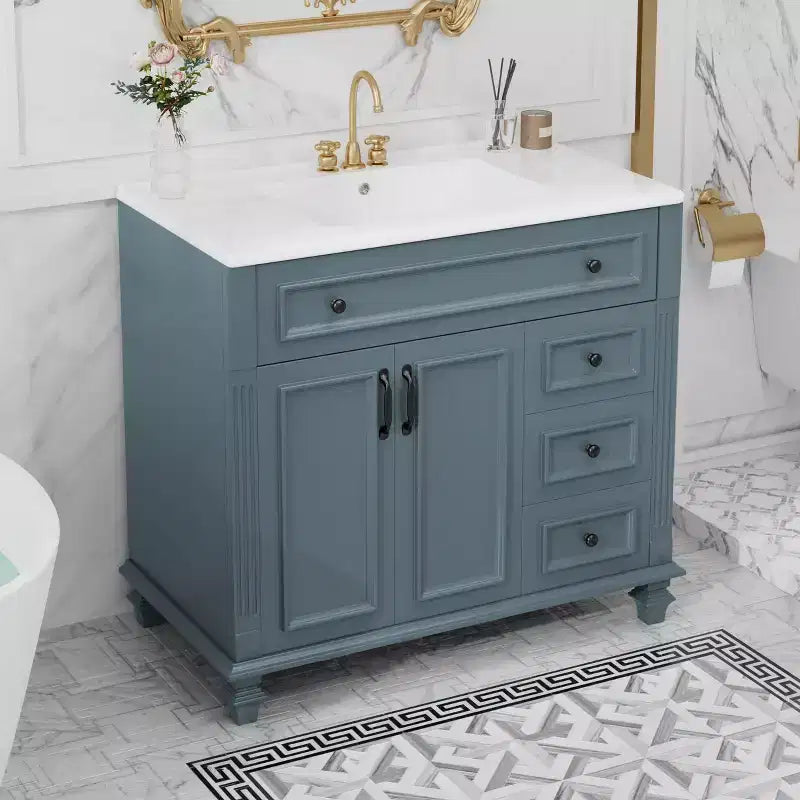 Meuble sous-vasque 36 pouces avec rangement, meuble de salle de bain au sol avec tiroirs et portes à fermeture douce