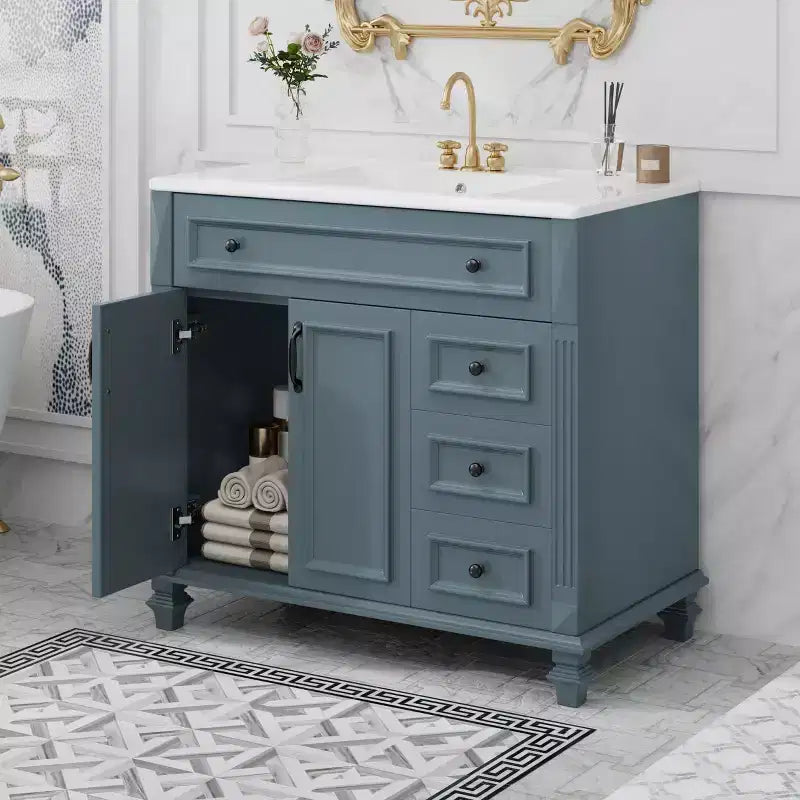 Meuble sous-vasque 36 pouces avec rangement, meuble de salle de bain au sol avec tiroirs et portes à fermeture douce