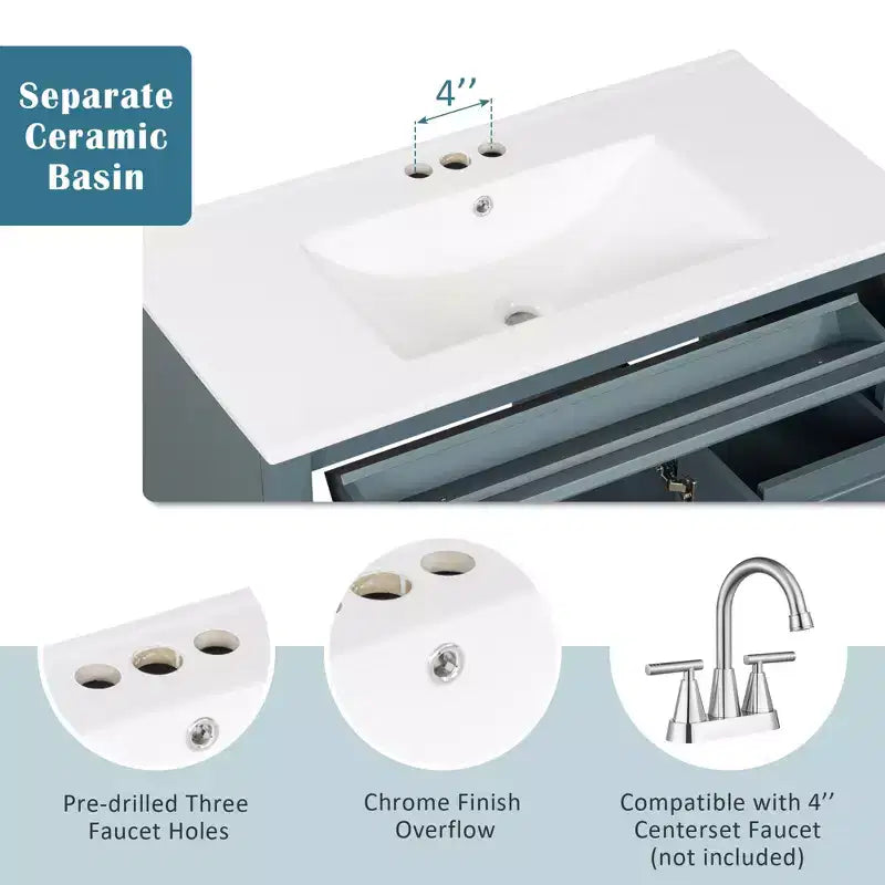 Meuble sous-vasque 36 pouces avec rangement, meuble de salle de bain au sol avec tiroirs et portes à fermeture douce