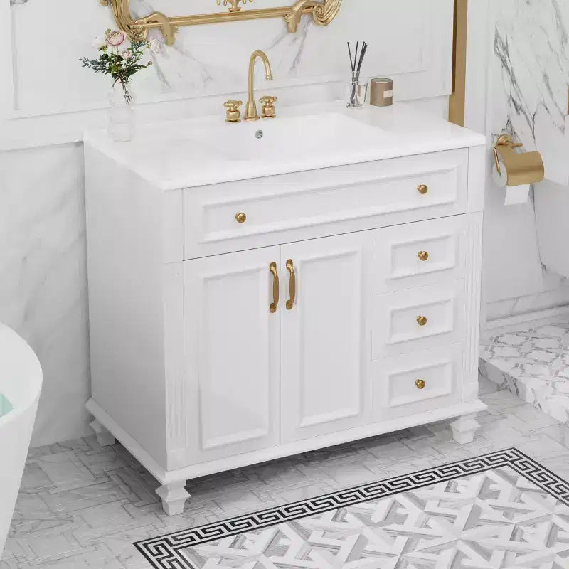 Meuble sous-vasque 36 pouces avec rangement, meuble de salle de bain au sol avec tiroirs et portes à fermeture douce