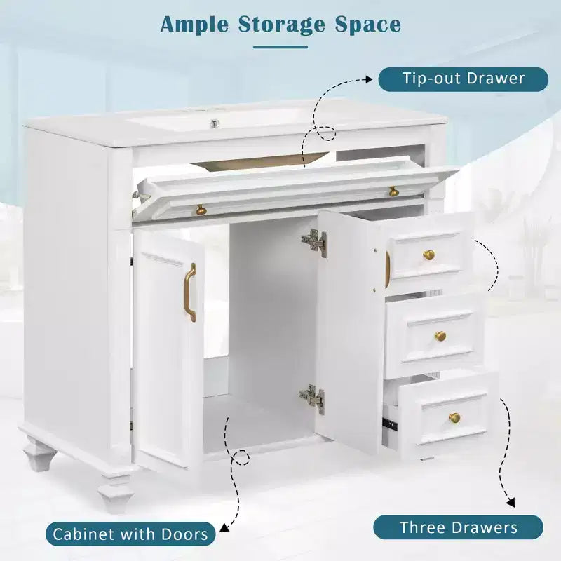 Meuble sous-vasque 36 pouces avec rangement, meuble de salle de bain au sol avec tiroirs et portes à fermeture douce