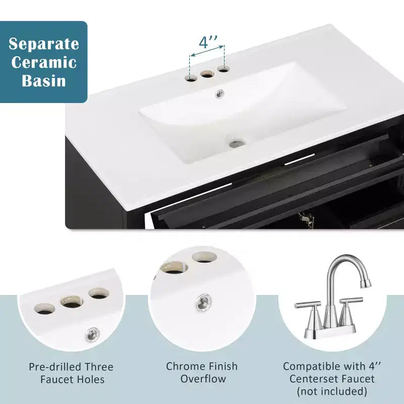 Meuble sous-vasque 36 pouces avec rangement, meuble de salle de bain au sol avec tiroirs et portes à fermeture douce