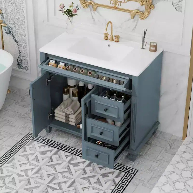 Meuble sous-vasque 36 pouces avec rangement, meuble de salle de bain au sol avec tiroirs et portes à fermeture douce